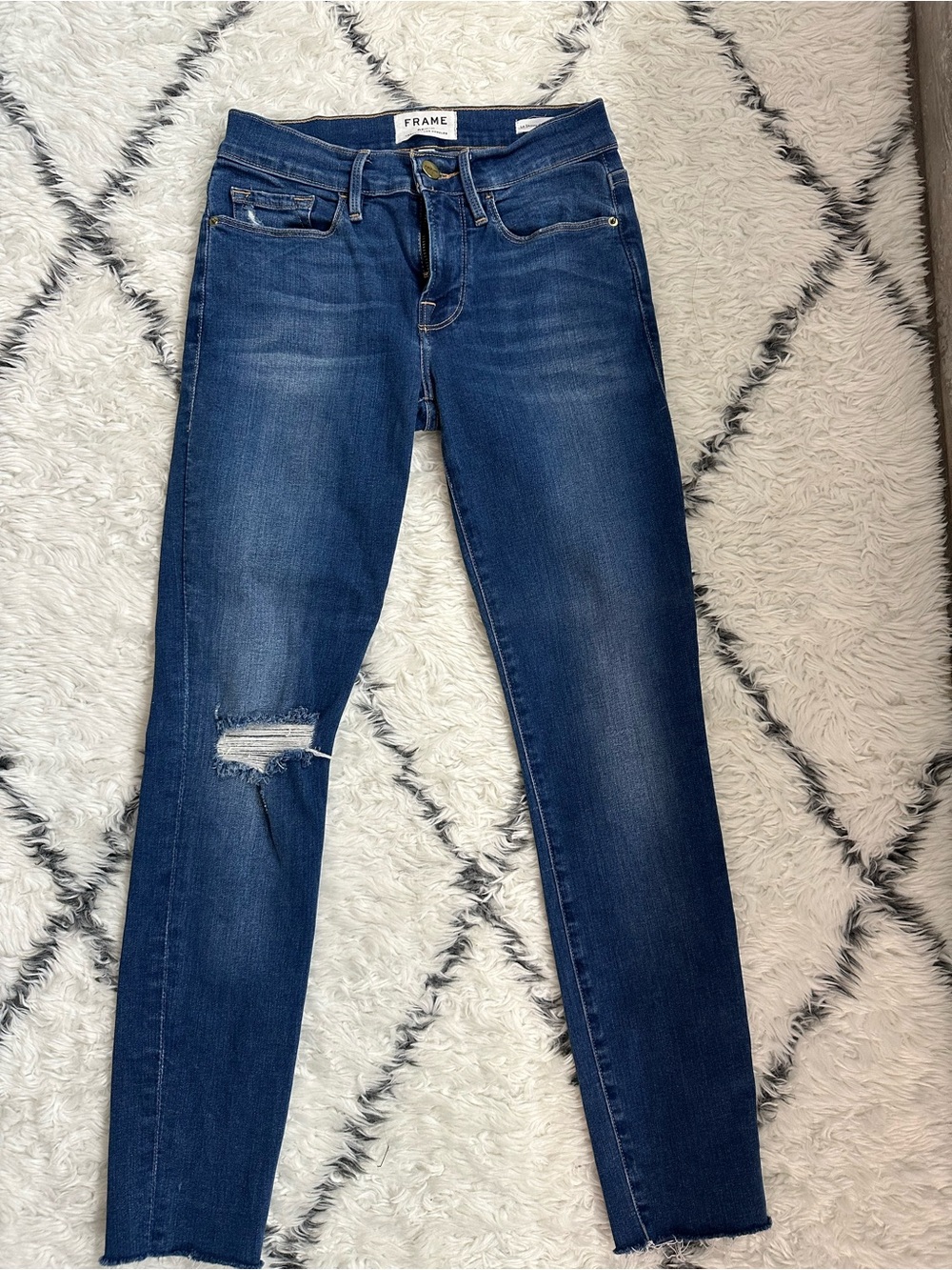 Frame Denim Skinny Jeans in Medium Blue with Knee Distress